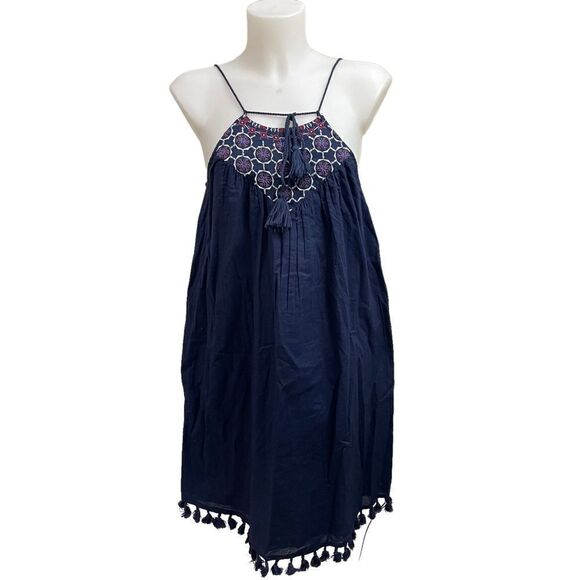 LOFT OUTLET HALTER EMBROIDERED TASSEL SHIFT DRESS NAVY BLUE Size small NEW!‎ - Picture 1 of 7